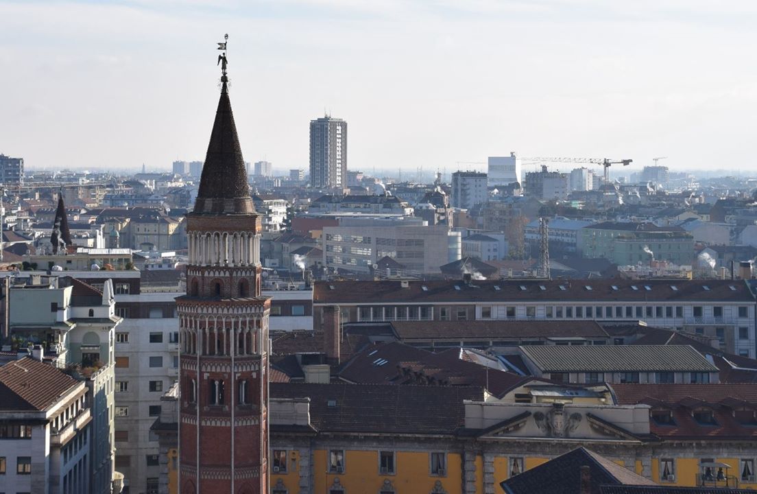 The steeple of the Chiesa di San Gottardo seen from the roof of the Duomo.