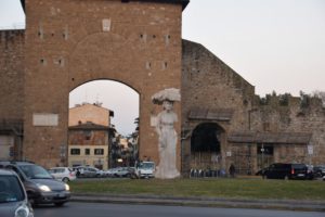 Porta Romana - 13th-century southernmost gate to Florence. Dietro-Front (1981-1984) sculpture by Michelangelo Pistoletto (1933 -)