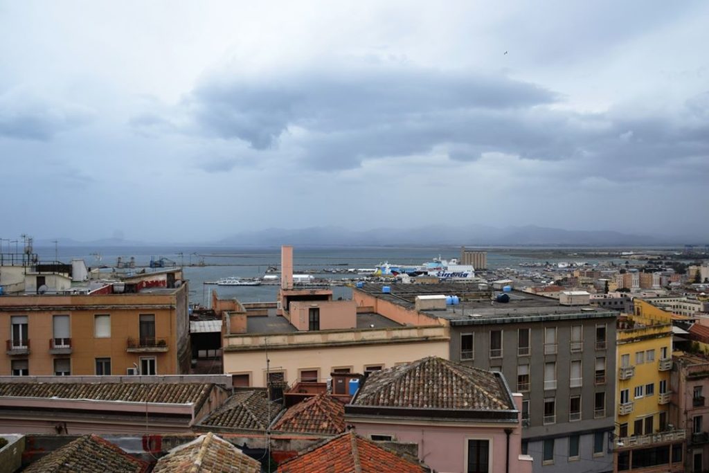 Cagliari - the capital of the island. This is the view of the port from the terrace of Umberto I – the apex of the Bastione Saint Remy - in the walled Castello district of the city.