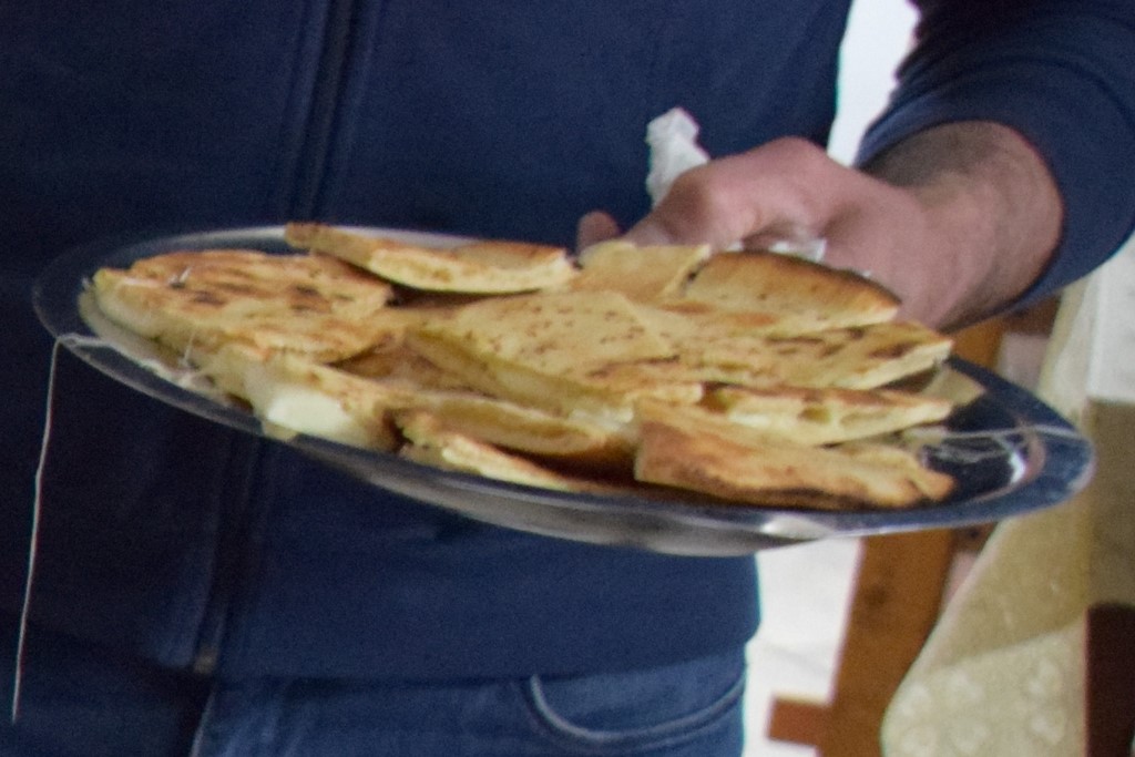 Samugheo - Pane Nostu - freshly baked bread filled with melted Pecorino cheese! One of many varieties of bread that we had for lunch!