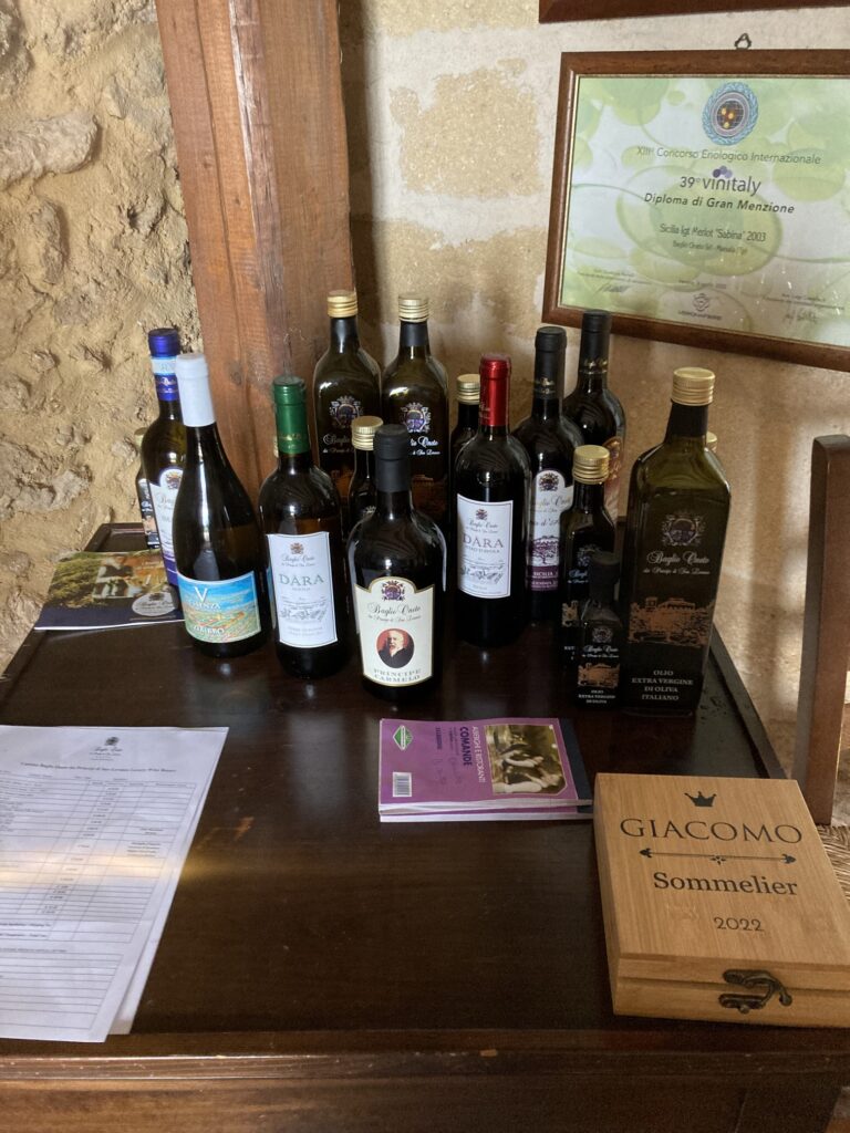 Baglio Oneto's selection of homemade wines and olive oils